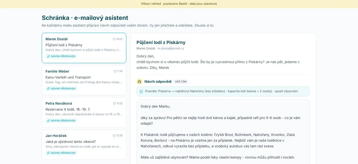Demo e-mailové schránky s návrhem odpovědi od AI asistenta