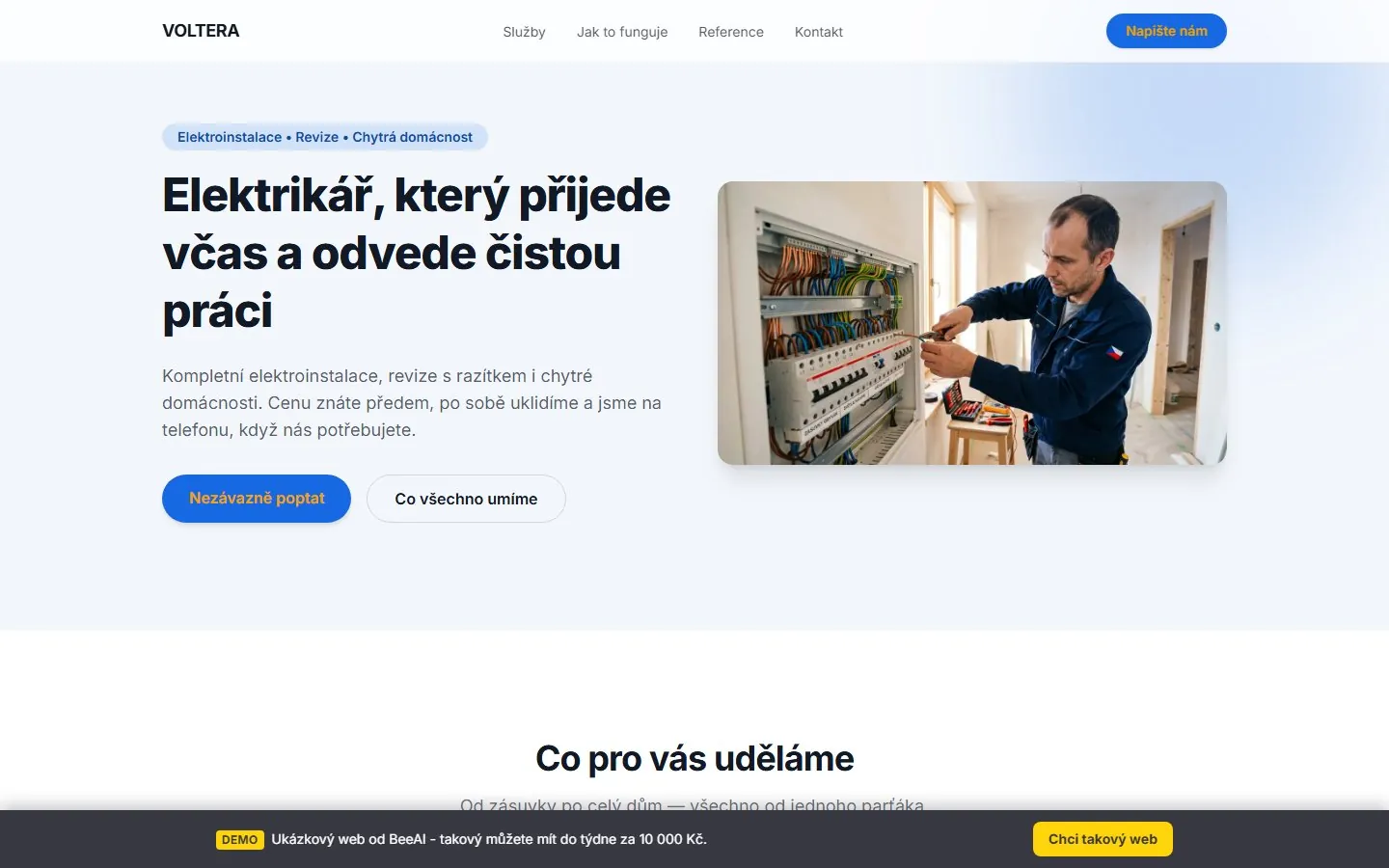 Úvod ukázkového webu elektrikáře VOLTERA