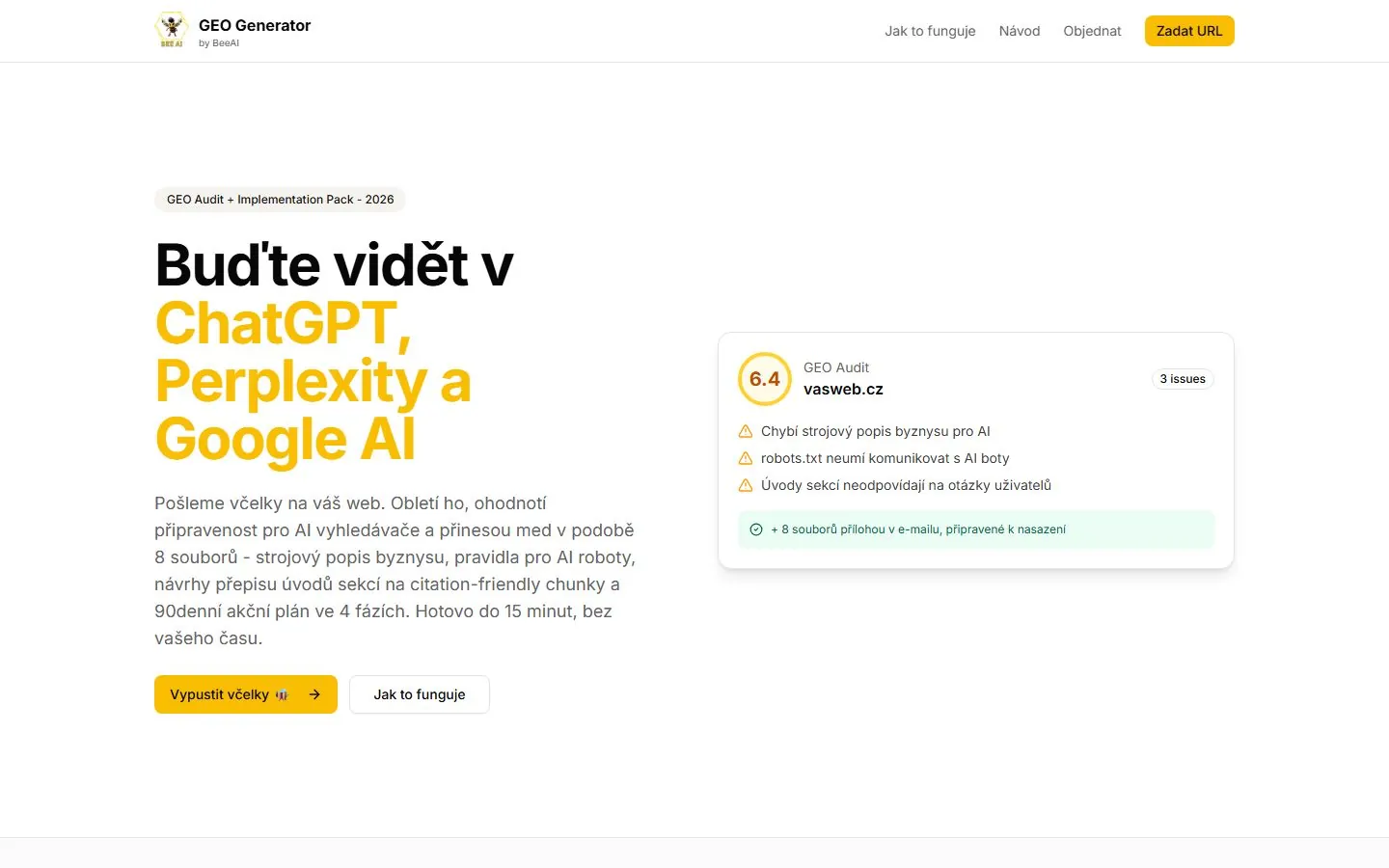 Úvodní stránka GEO Generatoru na geo.beeai.cz