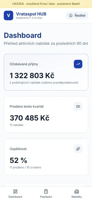 Dashboard nabídkového systému v mobilu