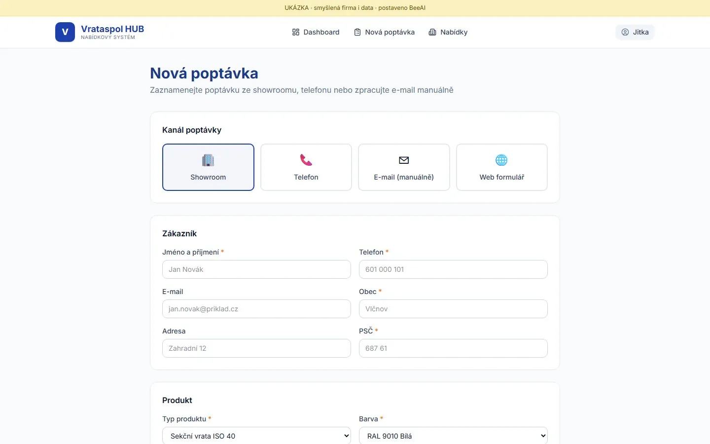 Formulář nové poptávky s výběrem kanálu, produktu a obchodníka