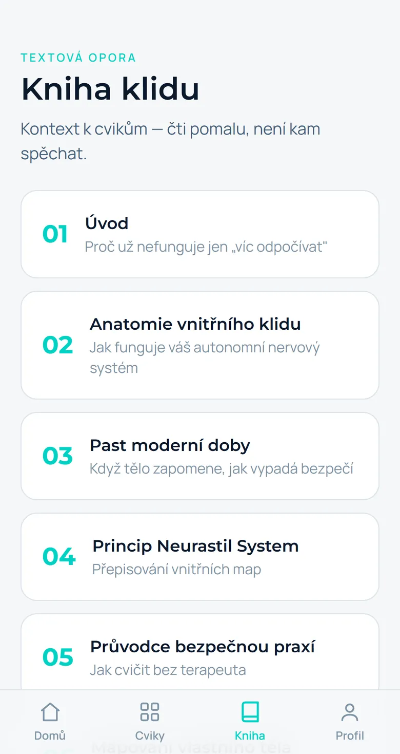 Textová část aplikace rozdělená do kapitol - marketingový mockup
