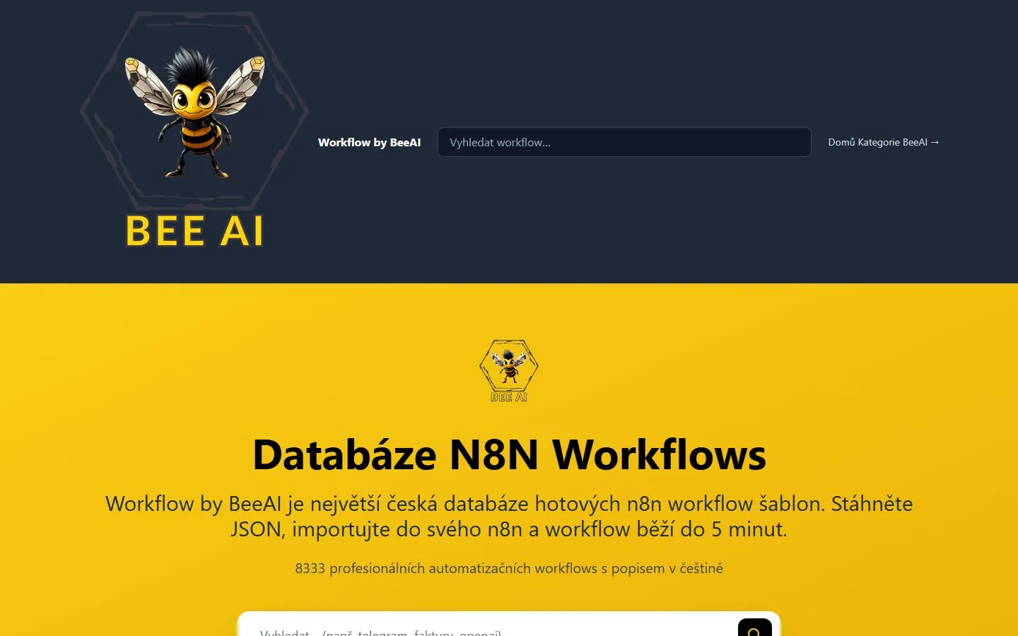 Úvodní stránka n8n Workflow databáze na workflow.beeai.cz