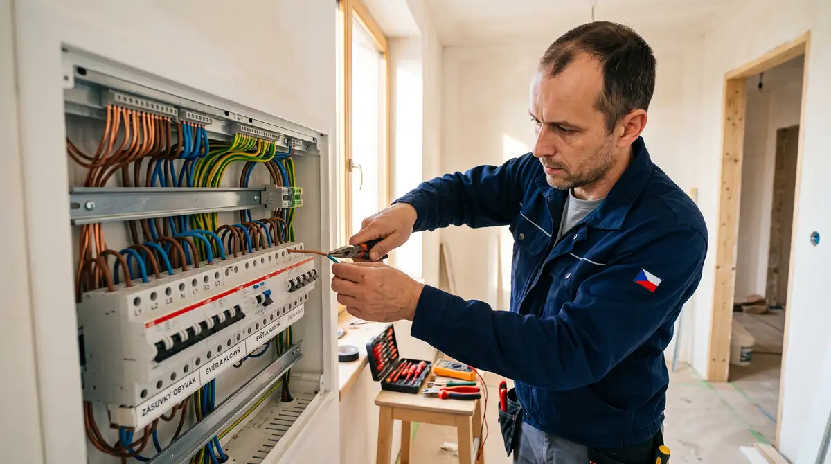 Elektrikář zapojuje moderní domovní rozvaděč