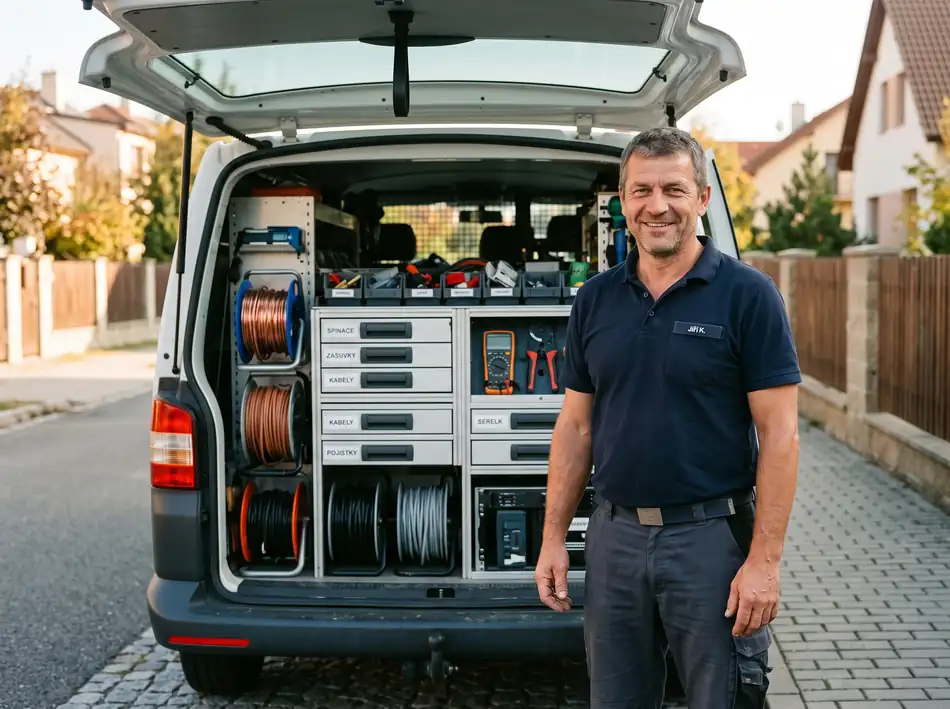 Elektrikář u dodávky s uspořádaným nářadím